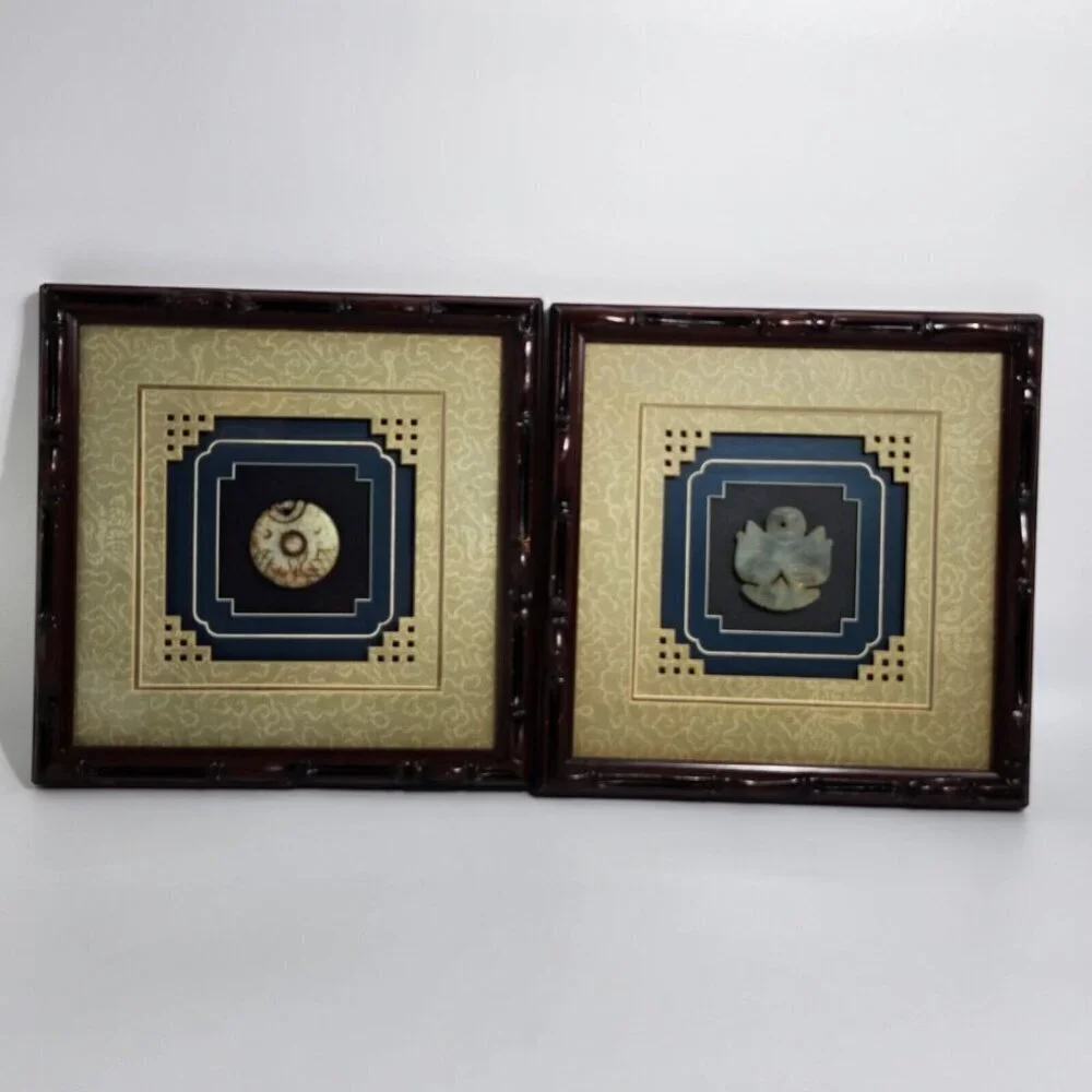 Framed Carved Jade Chinese Antique Art Featuring Round Pendant Double Fish Motif